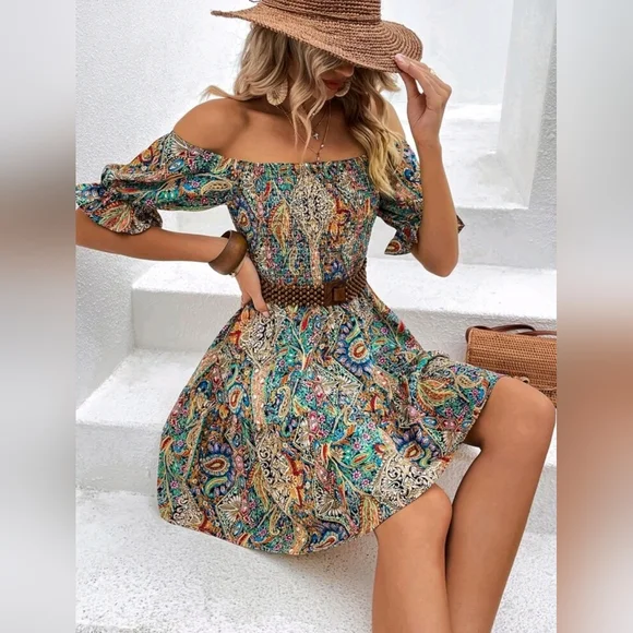New Chic Boho Paisley Floral Off Shoulder Mini Dress Ruffle Smocked Blue Tan - Picture 6 of 8